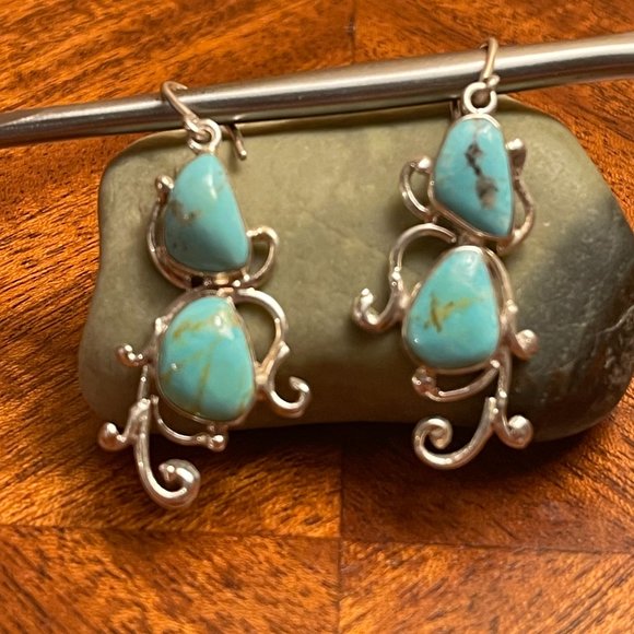 Mexico 925 Silver Turquoise Dangle Earrings - Picture 1 of 8